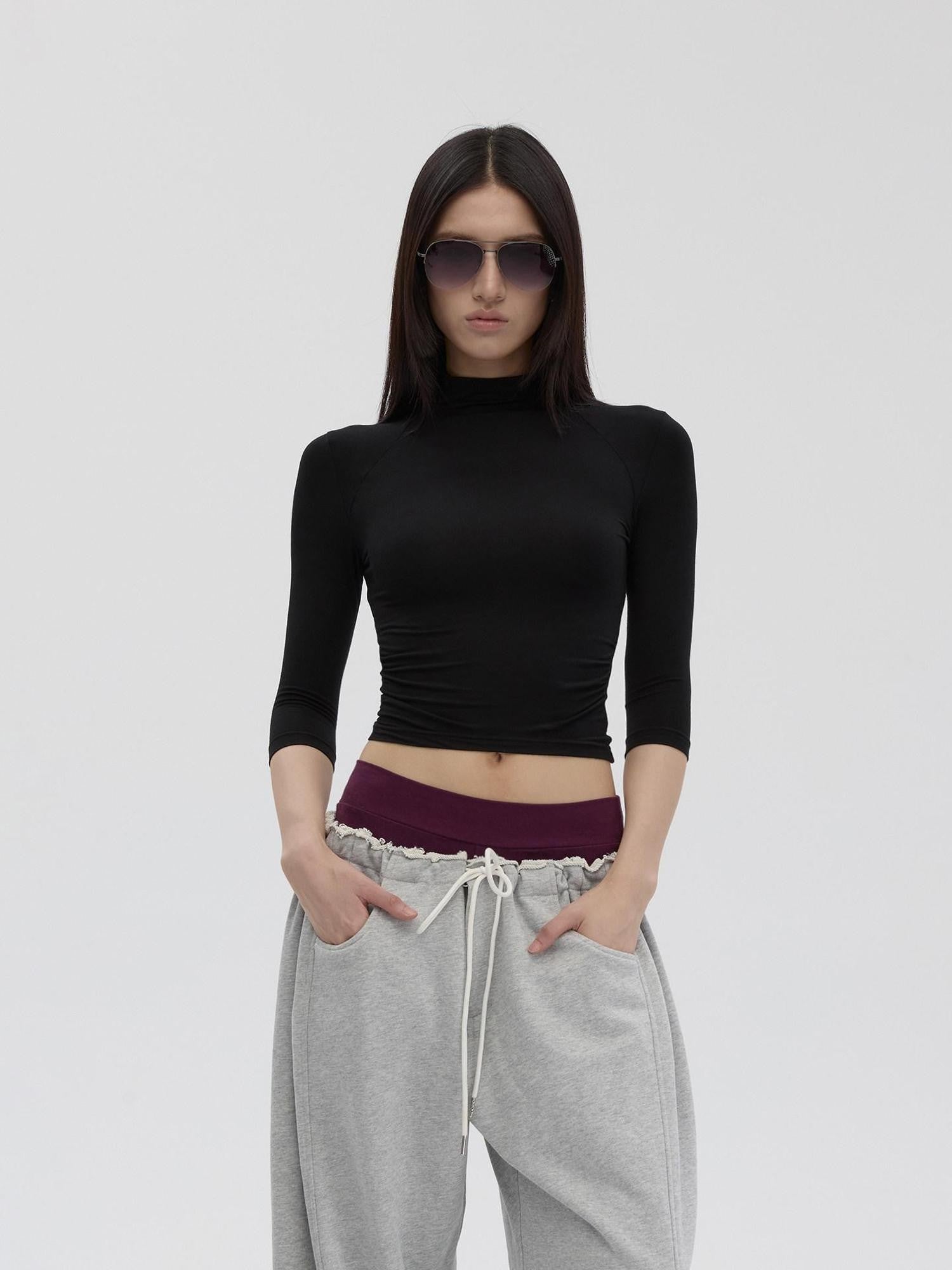 Fanptntox Mock Neck Slim Fit Stretch Knit Women's Polyester Long Sleeve T-shirts