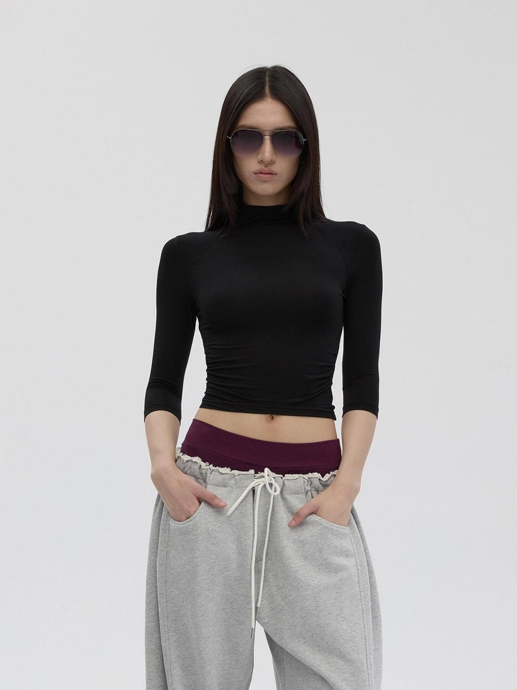 Fanptntox Mock Neck Slim Fit Stretch Knit Women's Polyester Long Sleeve T-shirts