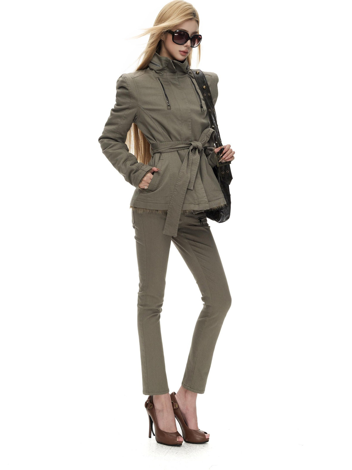 Fanptntox Multi Pocket Strap Waist Stand Collar Women's Cotton Cropped Jackets