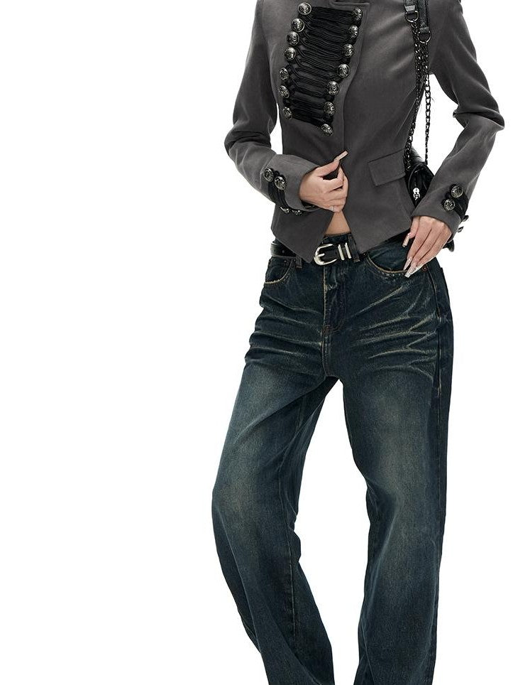 Napoleon Asymmetric Button Slim Fit Stand Collar Long Sleeve Cotton Women's Casual Jackets