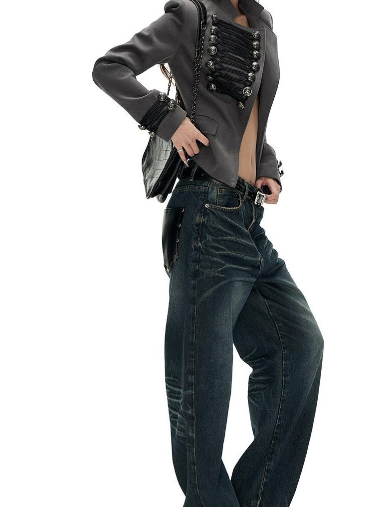 Napoleon Asymmetric Button Slim Fit Stand Collar Long Sleeve Cotton Women's Casual Jackets