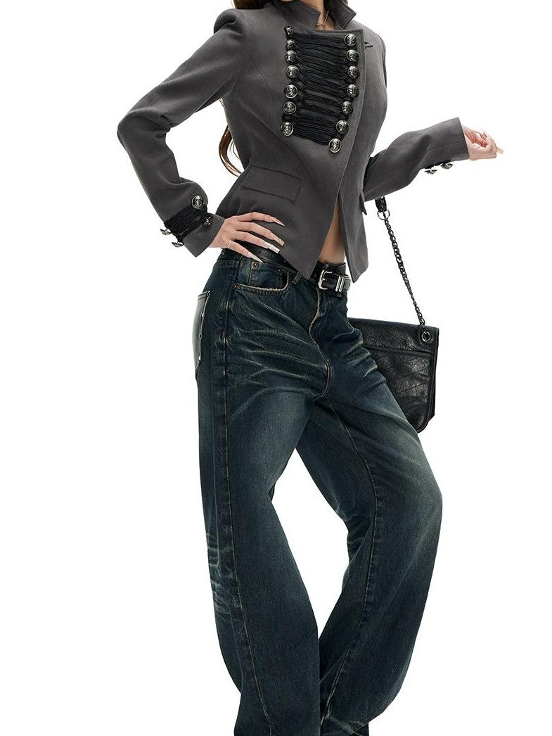 Napoleon Asymmetric Button Slim Fit Stand Collar Long Sleeve Cotton Women's Casual Jackets
