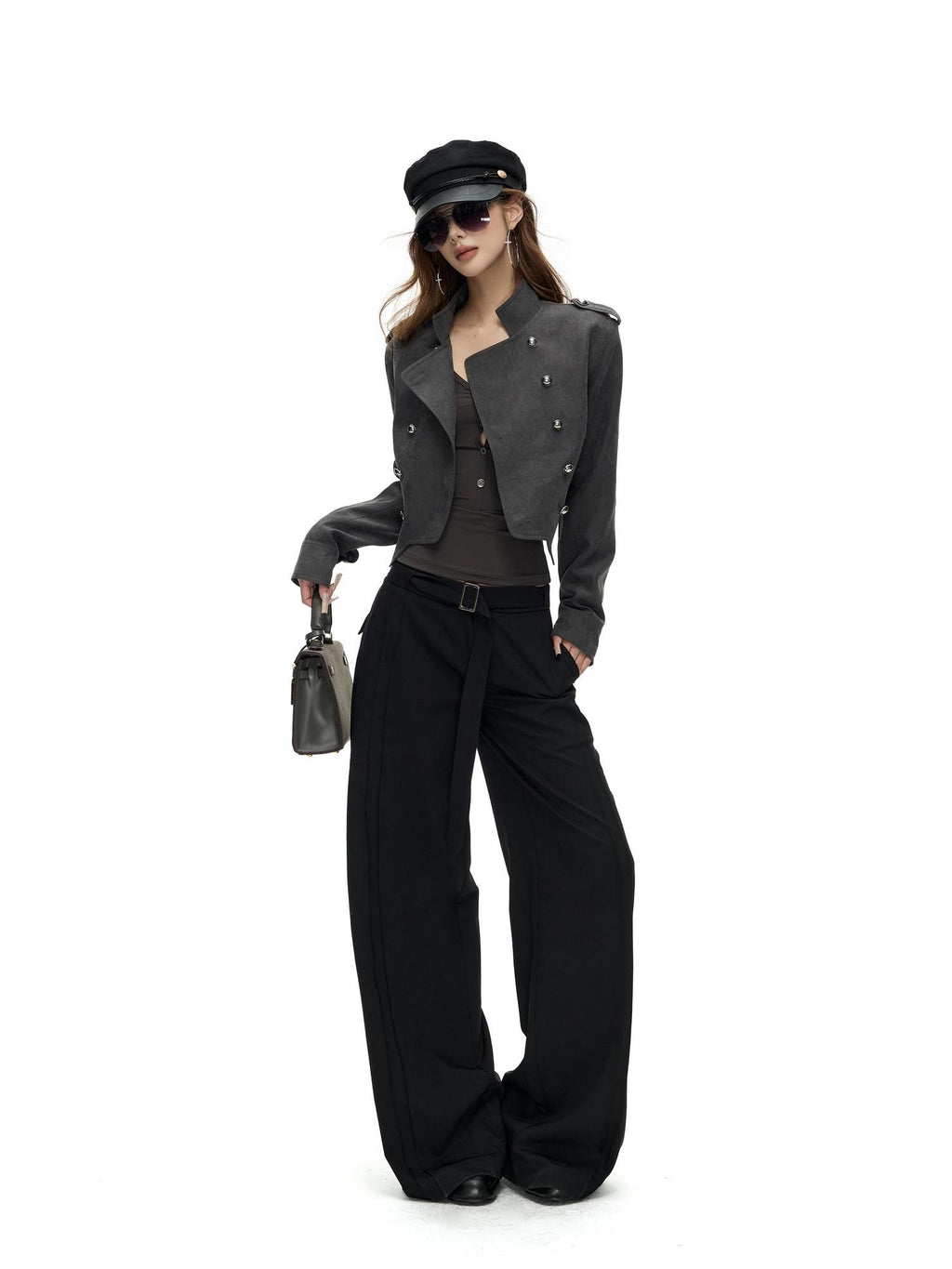 Fanptntox Napoleon Stand Collar Double Breasted Slim Waist Women's Polyester Cropped Jackets