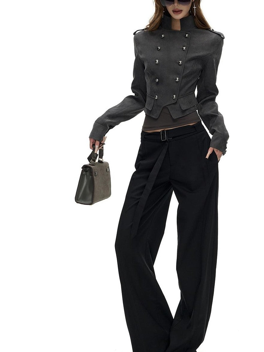Fanptntox Napoleon Stand Collar Double Breasted Slim Waist Women's Polyester Cropped Jackets