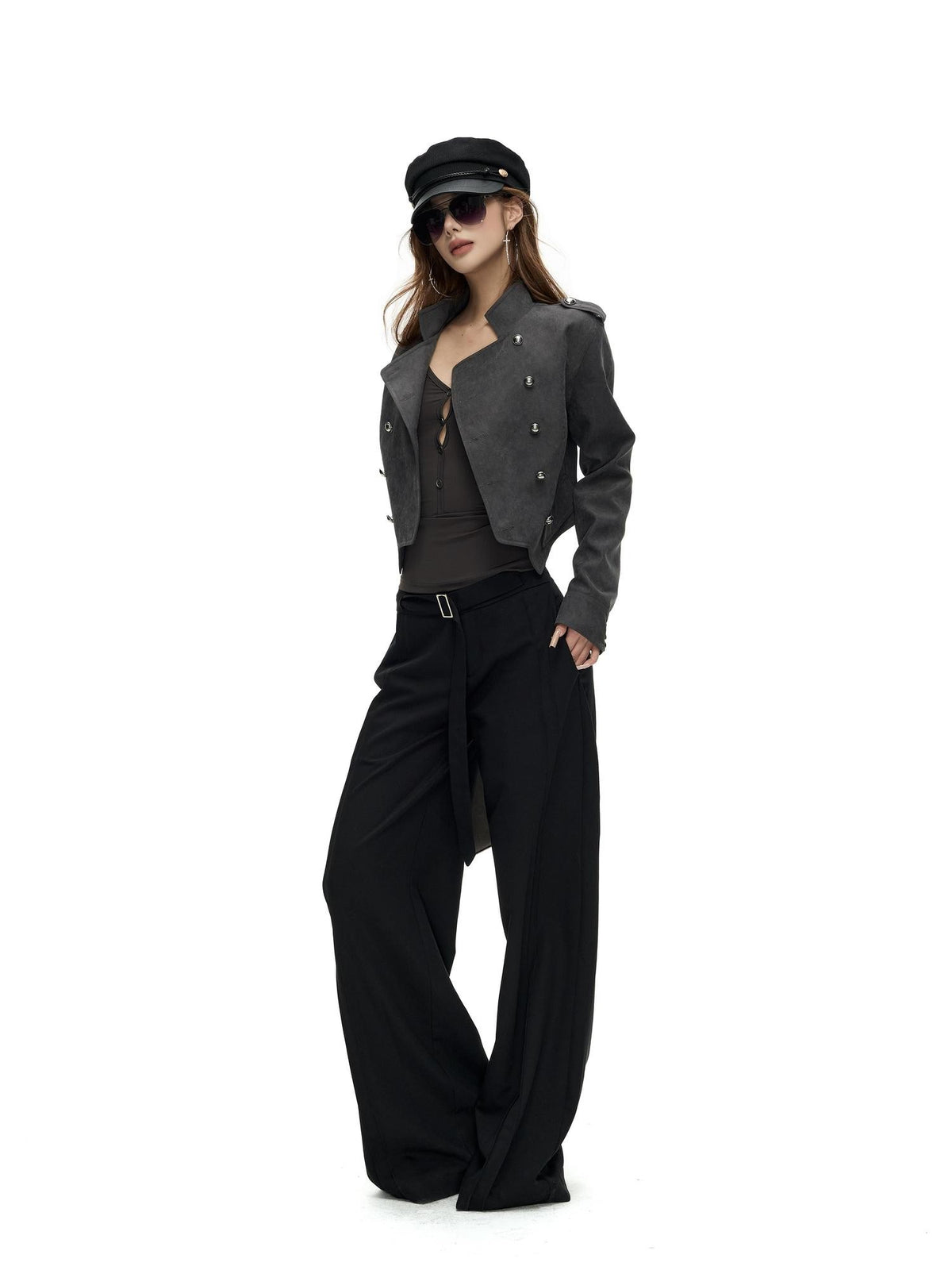 Fanptntox Napoleon Stand Collar Double Breasted Slim Waist Women's Polyester Cropped Jackets
