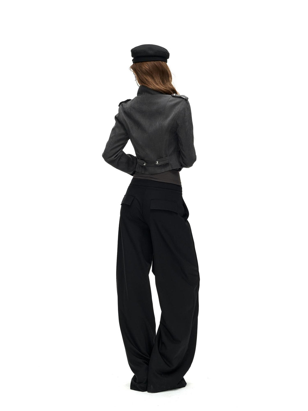 Fanptntox Napoleon Stand Collar Double Breasted Slim Waist Women's Polyester Cropped Jackets