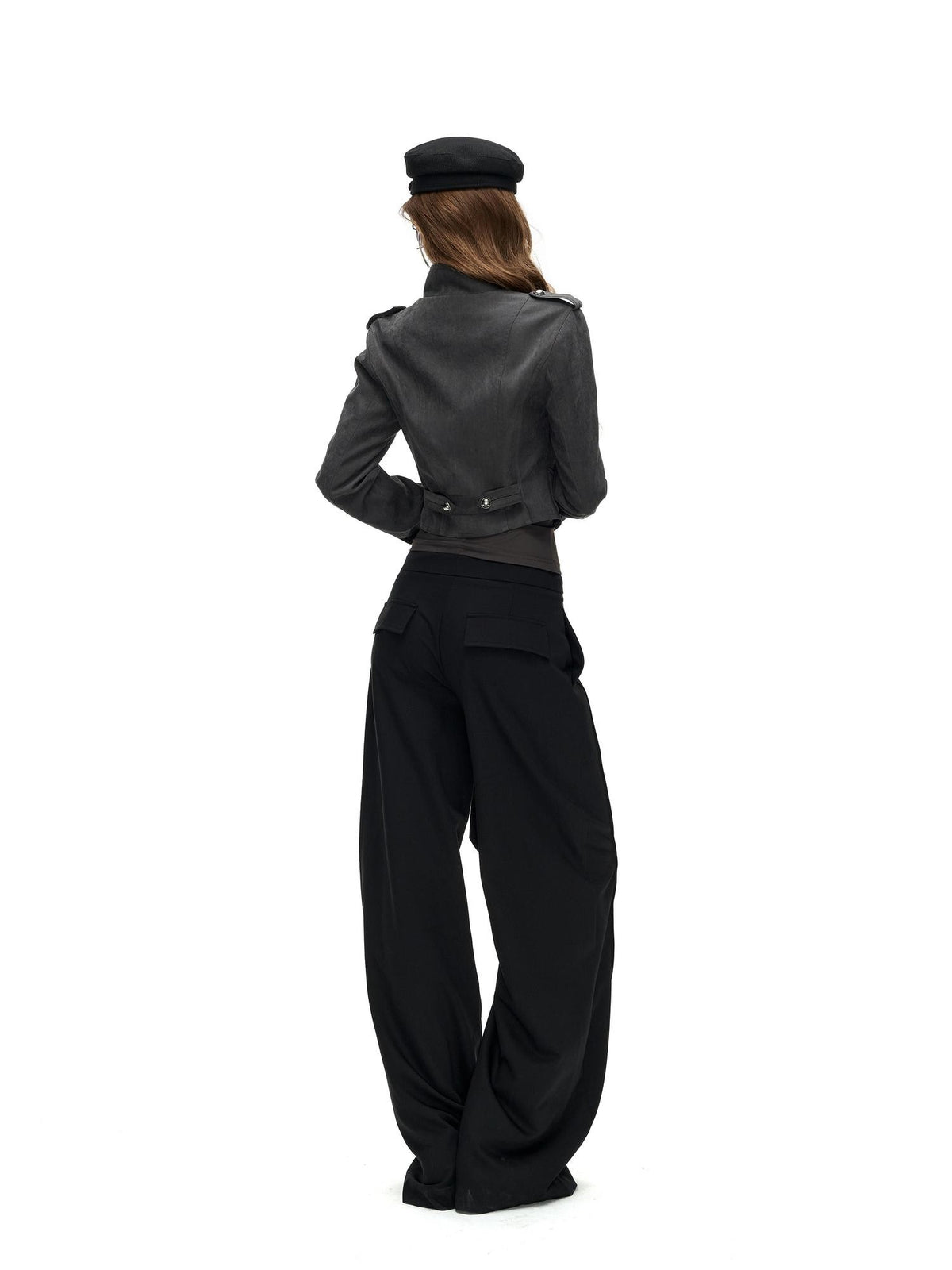 Fanptntox Napoleon Stand Collar Double Breasted Slim Waist Women's Polyester Cropped Jackets