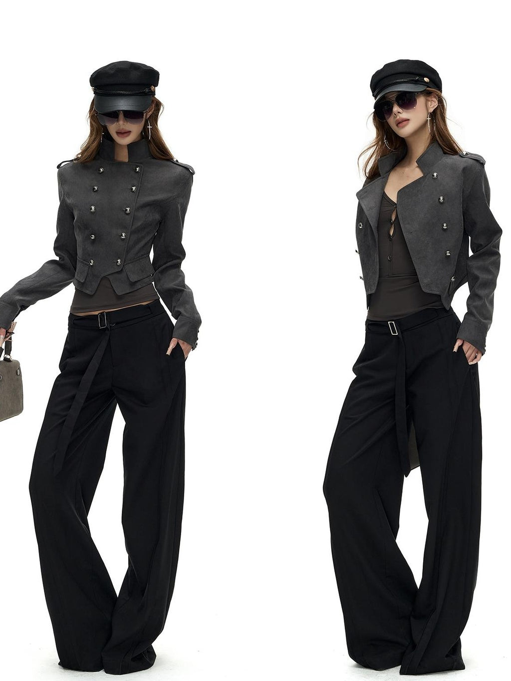 Fanptntox Napoleon Stand Collar Double Breasted Slim Waist Women's Polyester Cropped Jackets