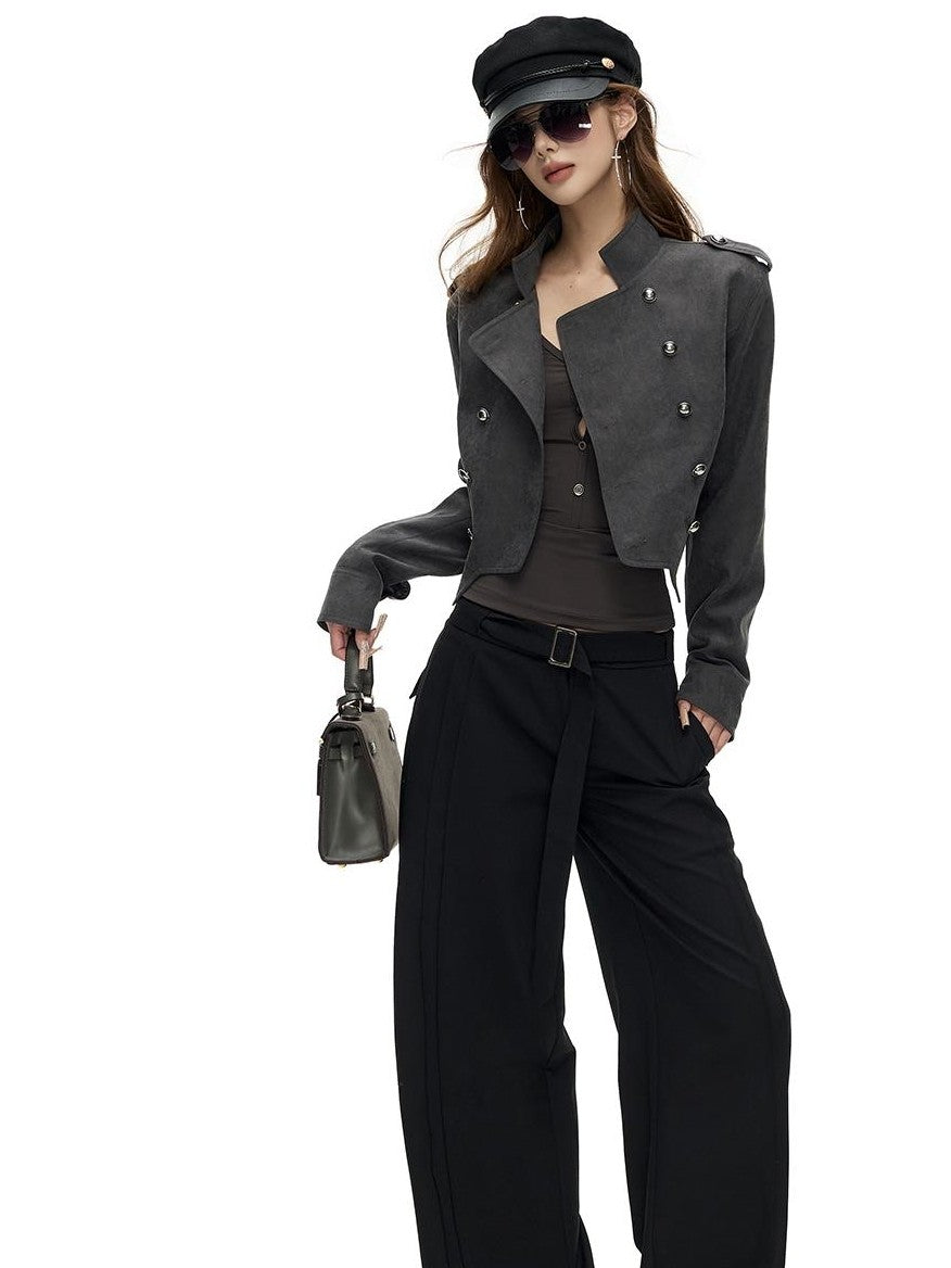 Fanptntox Napoleon Stand Collar Double Breasted Slim Waist Women's Polyester Cropped Jackets
