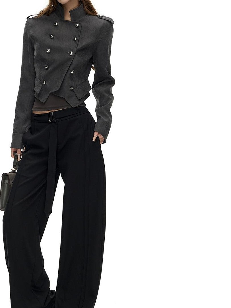 Fanptntox Napoleon Stand Collar Double Breasted Slim Waist Women's Polyester Cropped Jackets