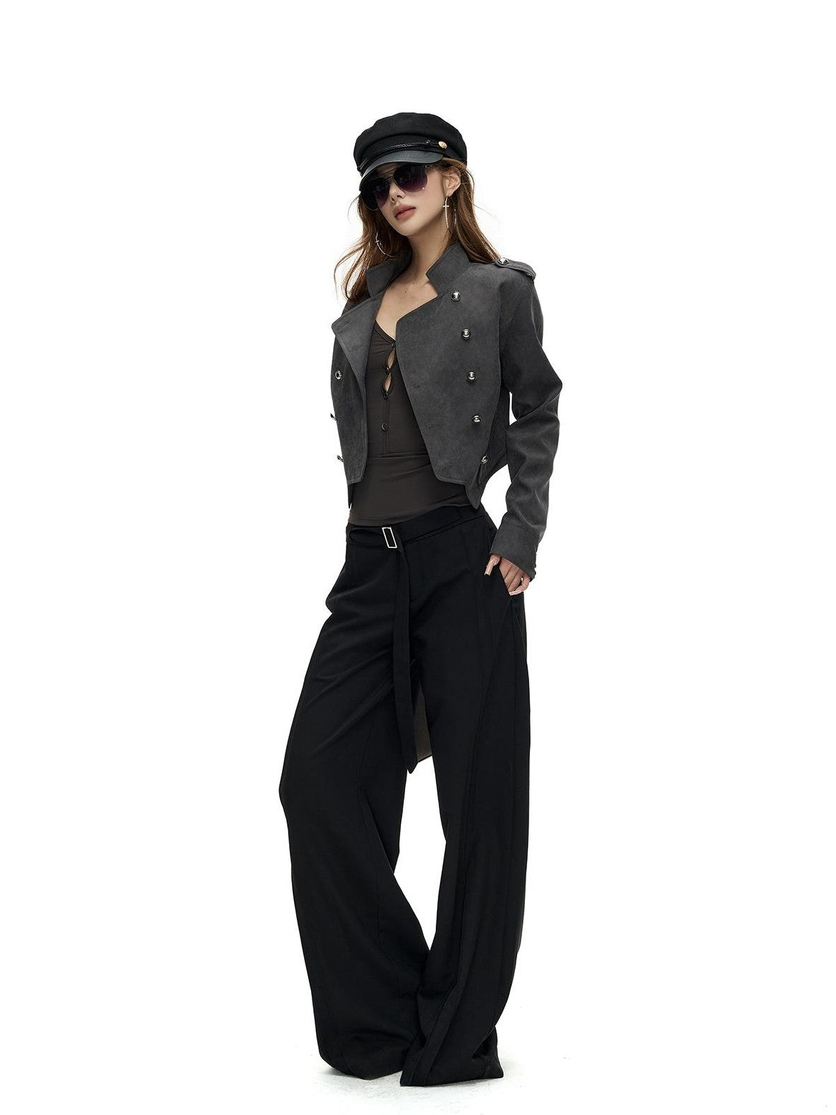 Fanptntox Napoleon Stand Collar Double Breasted Slim Waist Women's Polyester Cropped Jackets
