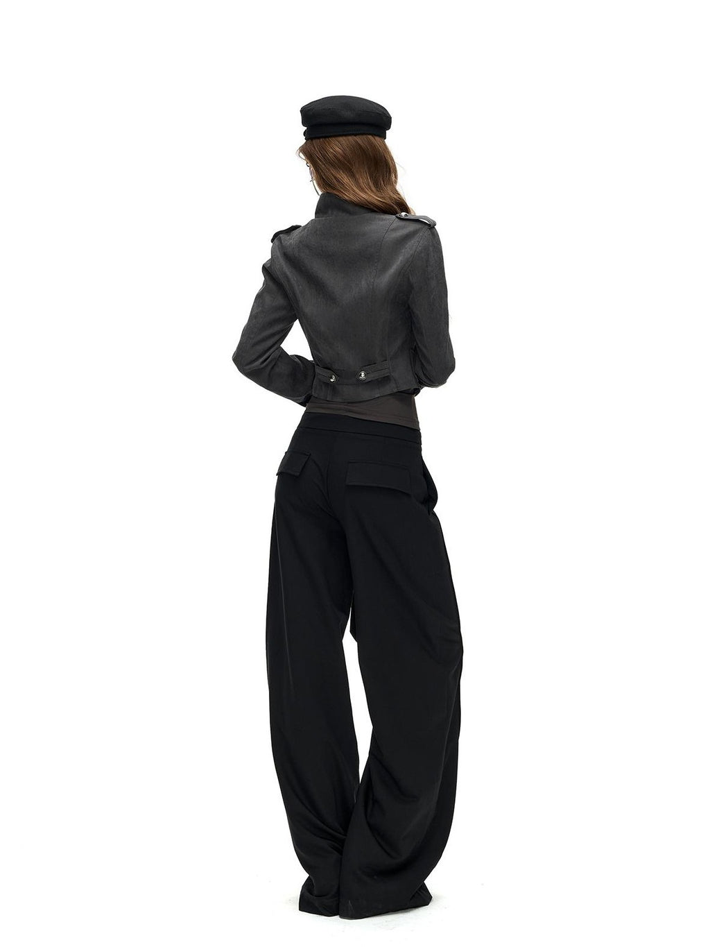 Fanptntox Napoleon Stand Collar Double Breasted Slim Waist Women's Polyester Cropped Jackets