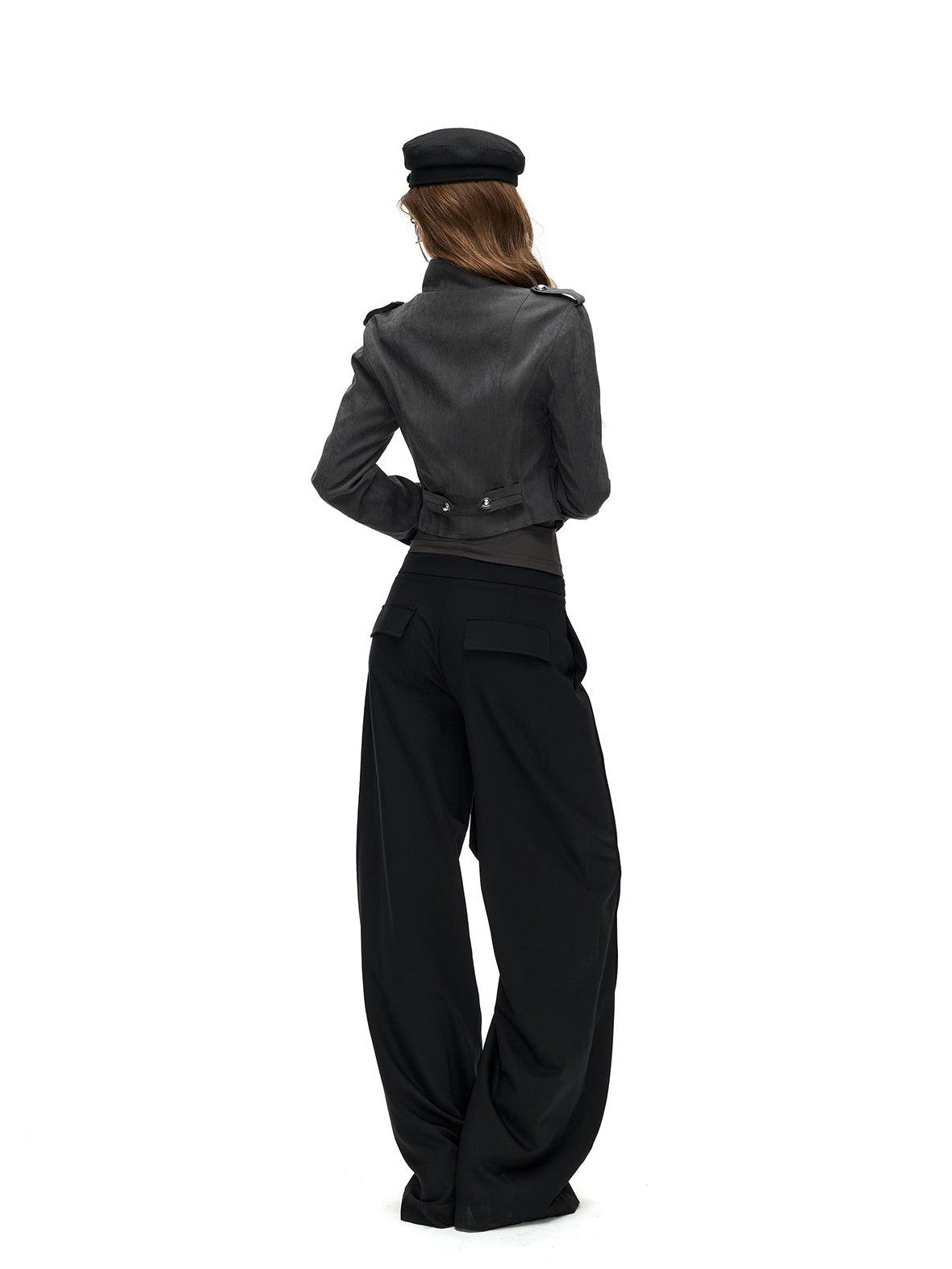 Fanptntox Napoleon Stand Collar Double Breasted Slim Waist Women's Polyester Cropped Jackets