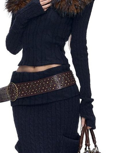 Fanptntox Navy Cable Knit Off Shoulder High Waist Women's Stretch Knit Matching Skirt Sets