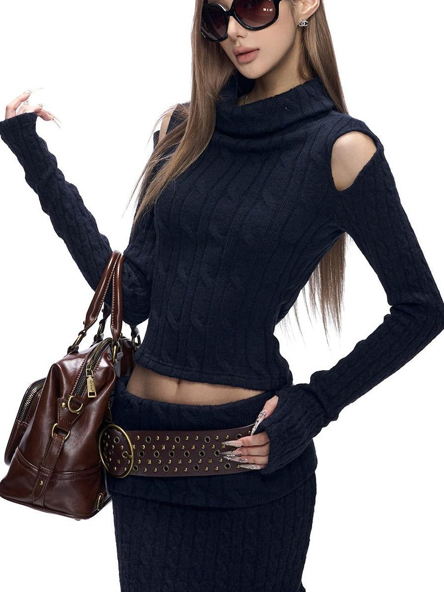 Fanptntox Navy Cable Knit Off Shoulder High Waist Women's Stretch Knit Matching Skirt Sets