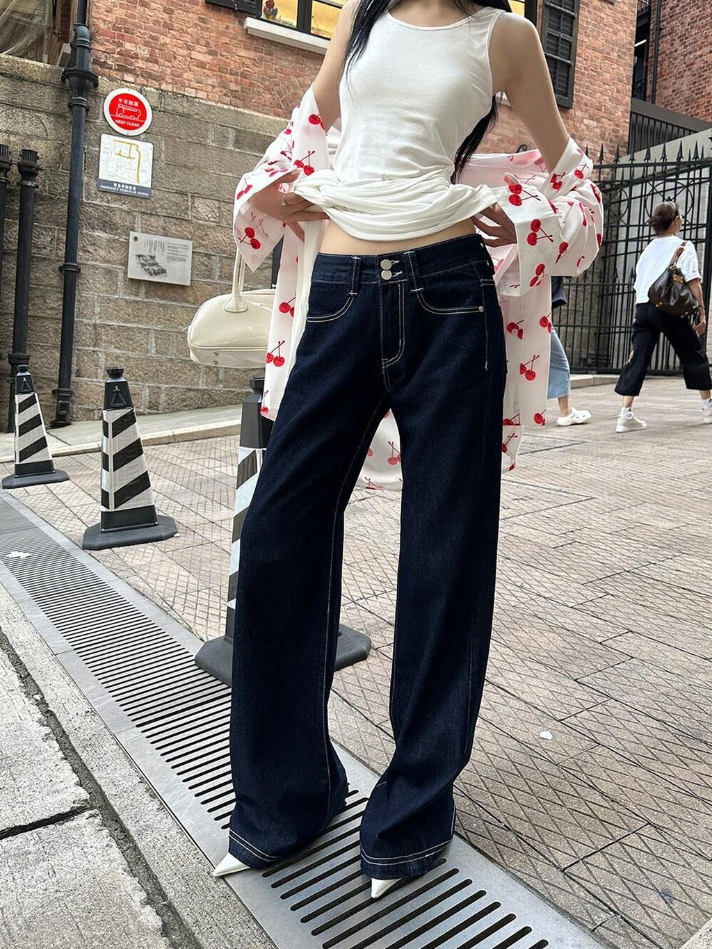 Fanptntox Navy Contrast Stitch Embroidery Women's Denim Wide-leg Jeans