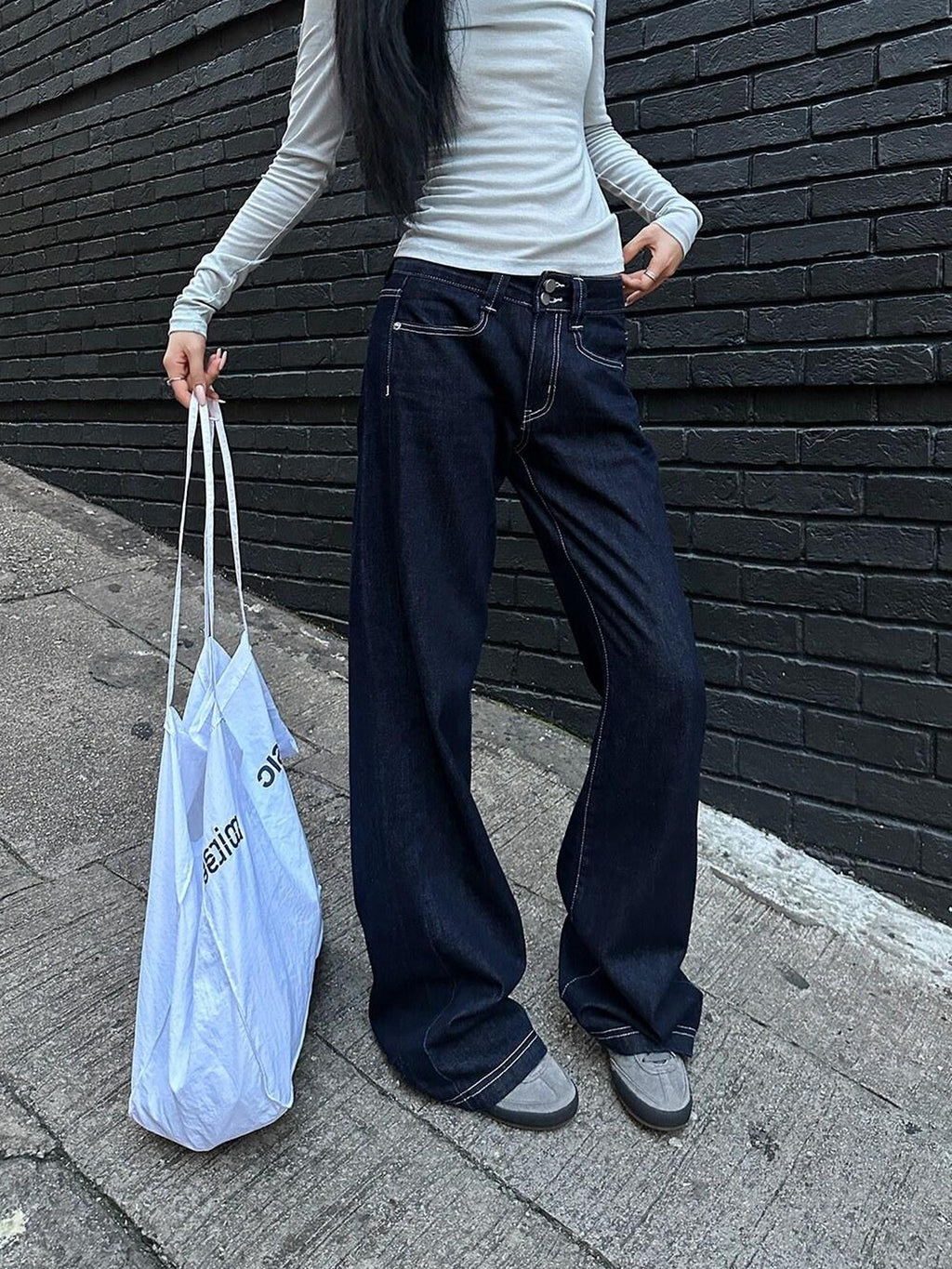 Fanptntox Navy Contrast Stitch Embroidery Women's Denim Wide-leg Jeans