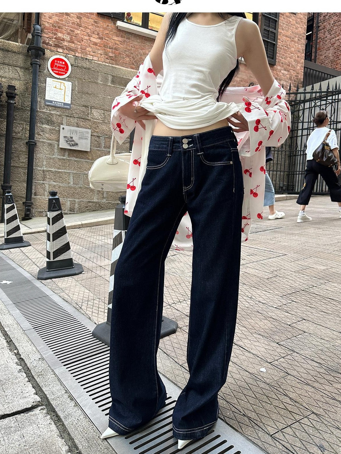 Fanptntox Navy Contrast Stitch Embroidery Women's Denim Wide-leg Jeans