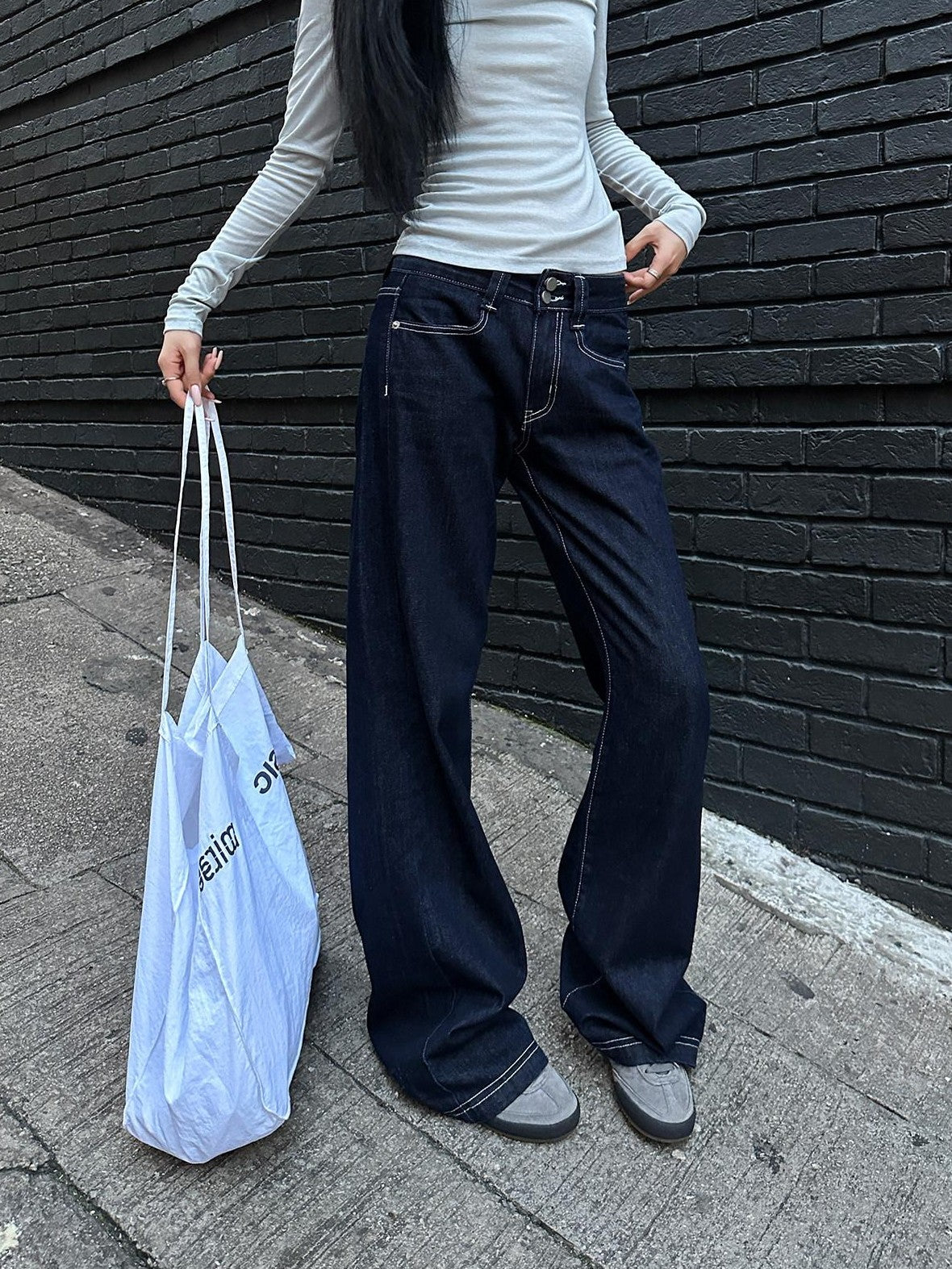 Fanptntox Navy Contrast Stitch Embroidery Women's Denim Wide-leg Jeans