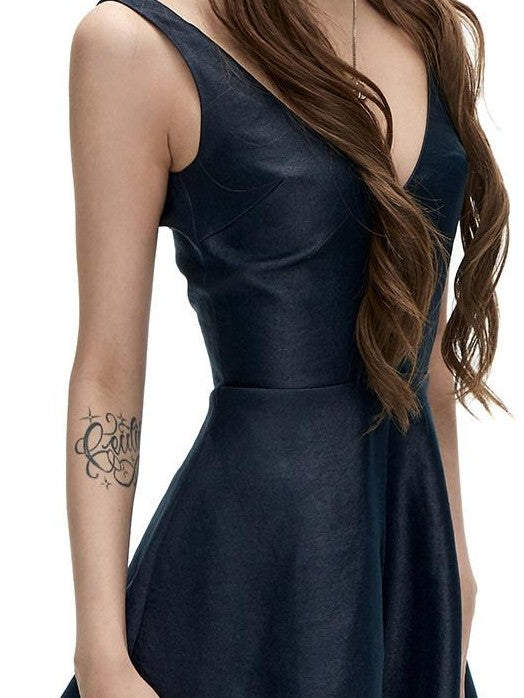 Fanptntox Navy French Satin V-neck A Line Sleeveless Waist Women's Casual Mini Dresses
