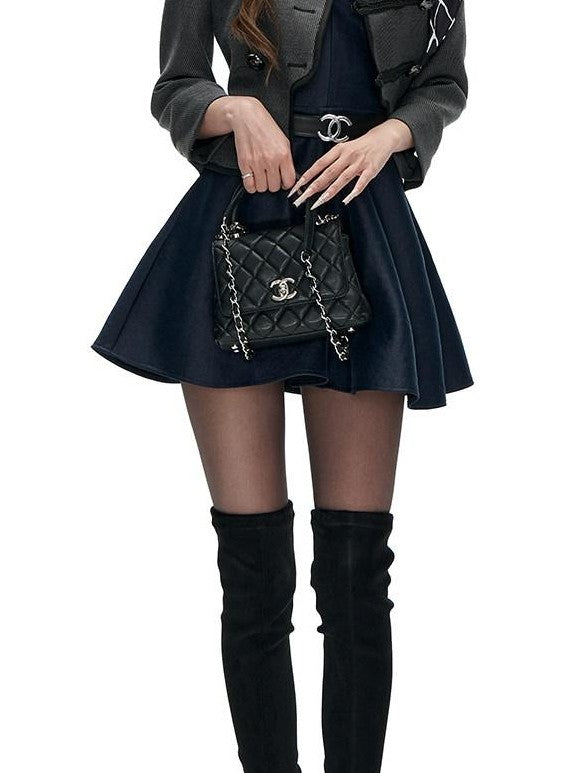 Fanptntox Navy French Satin V-neck A Line Sleeveless Waist Women's Casual Mini Dresses