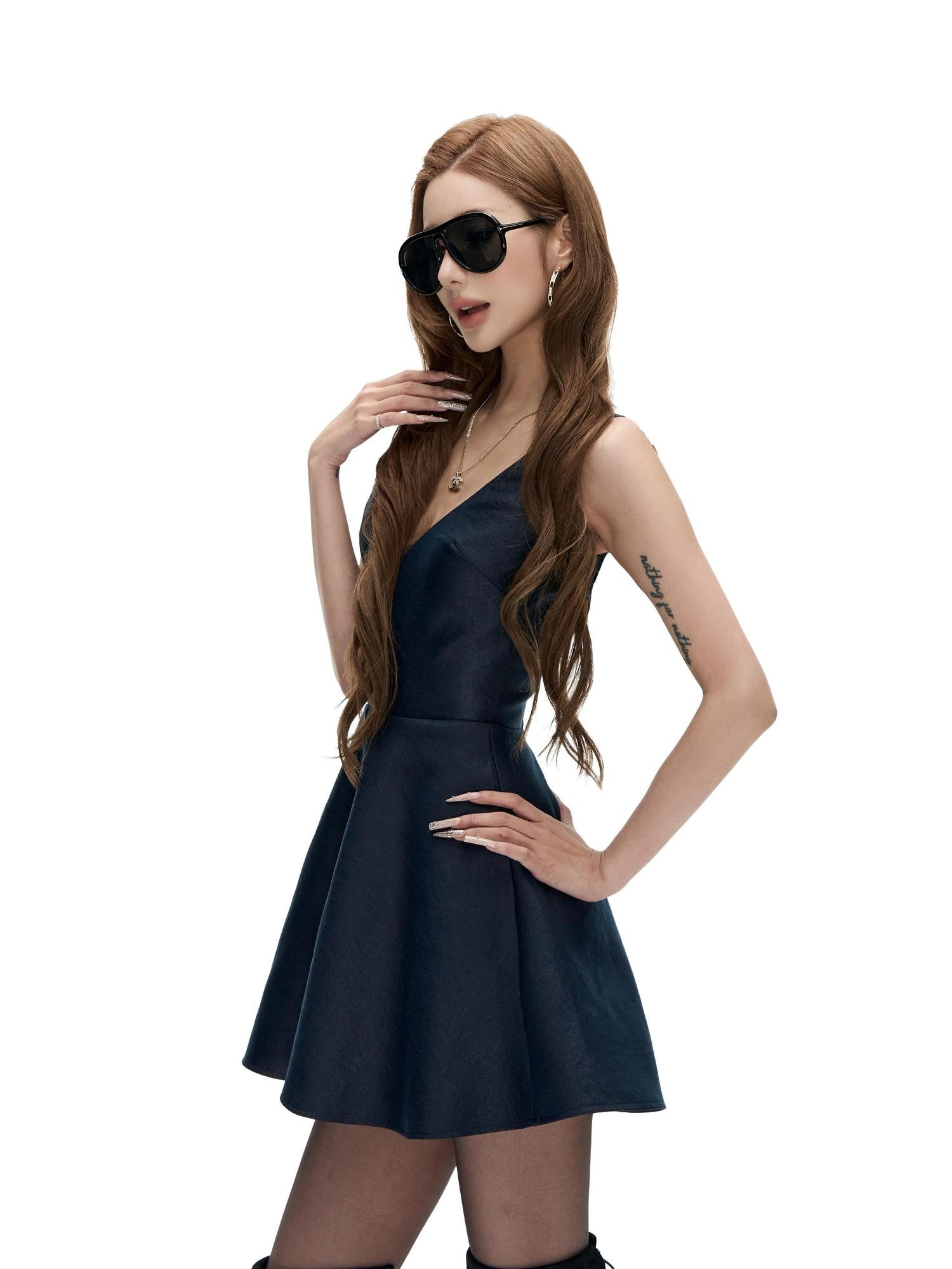 Fanptntox Navy French Satin V-neck A Line Sleeveless Waist Women's Casual Mini Dresses
