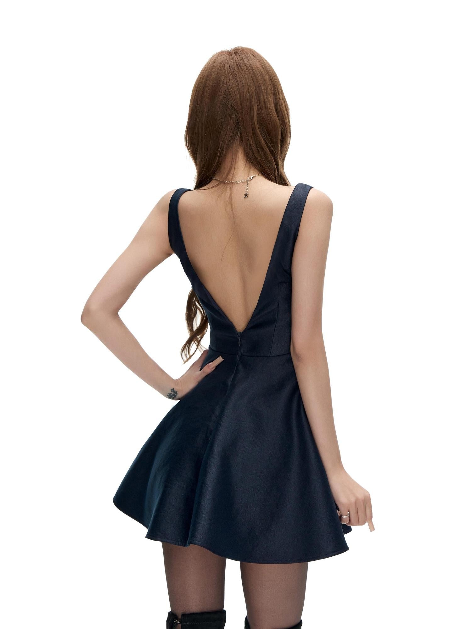 Fanptntox Navy French Satin V-neck A Line Sleeveless Waist Women's Casual Mini Dresses