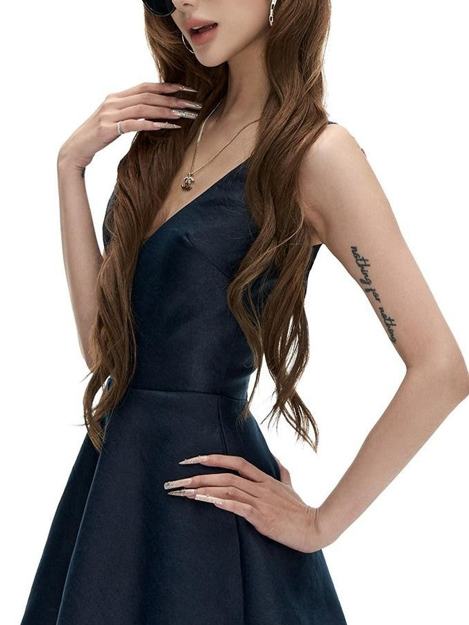 Fanptntox Navy French Satin V-neck A Line Sleeveless Waist Women's Casual Mini Dresses