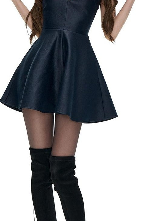 Fanptntox Navy French Satin V-neck A Line Sleeveless Waist Women's Casual Mini Dresses