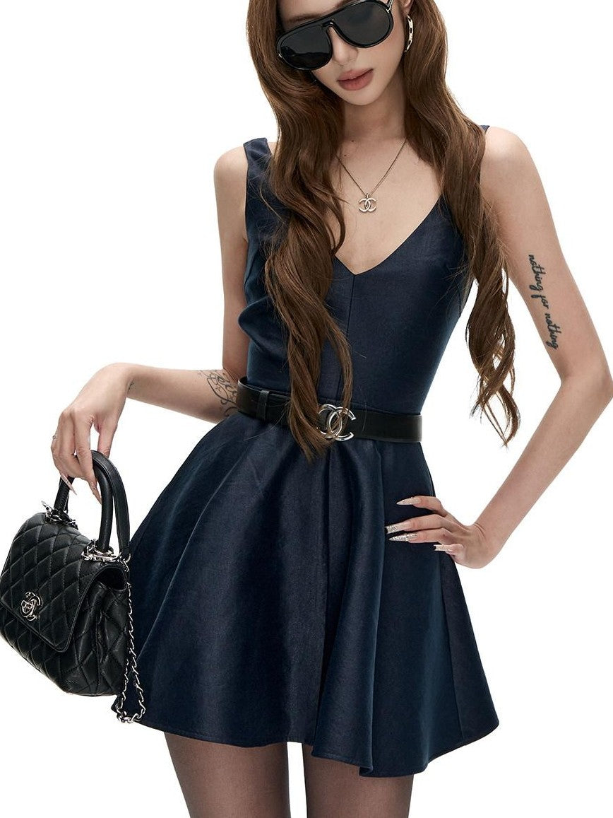 Fanptntox Navy French Satin V-neck A Line Sleeveless Waist Women's Casual Mini Dresses