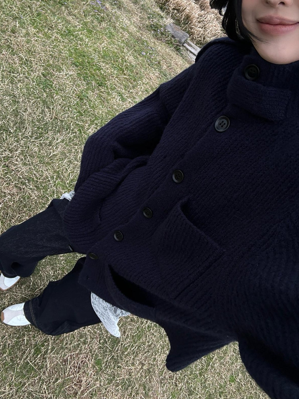 Fanptntox Navy Stand Collar Knitted Relaxed Single Button Soft Women's Knit Cardigans
