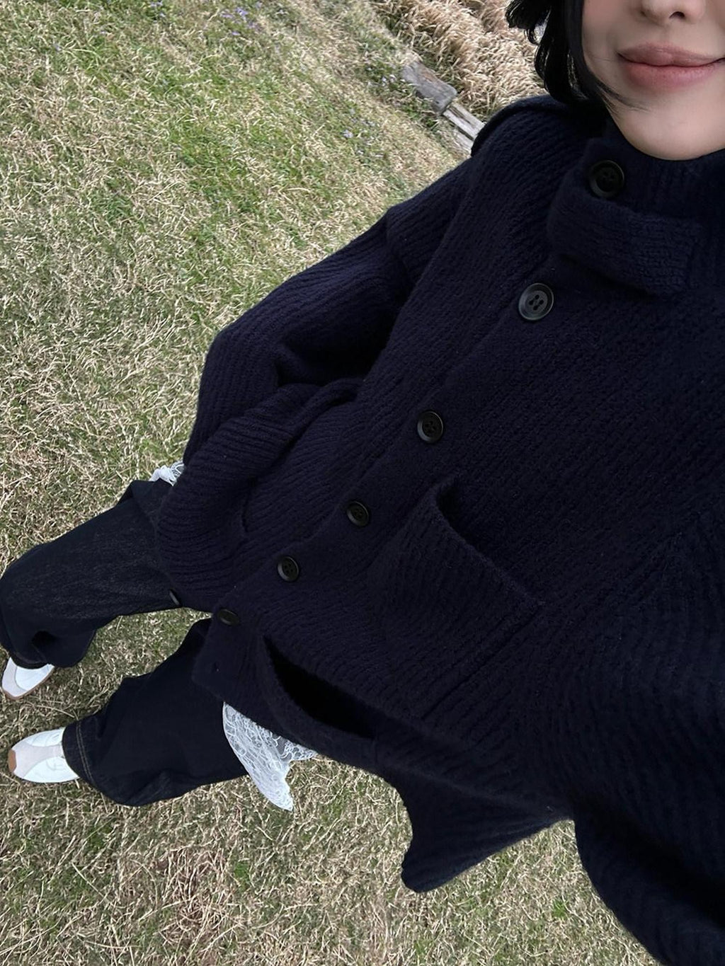 Fanptntox Navy Stand Collar Knitted Relaxed Single Button Soft Women's Knit Cardigans