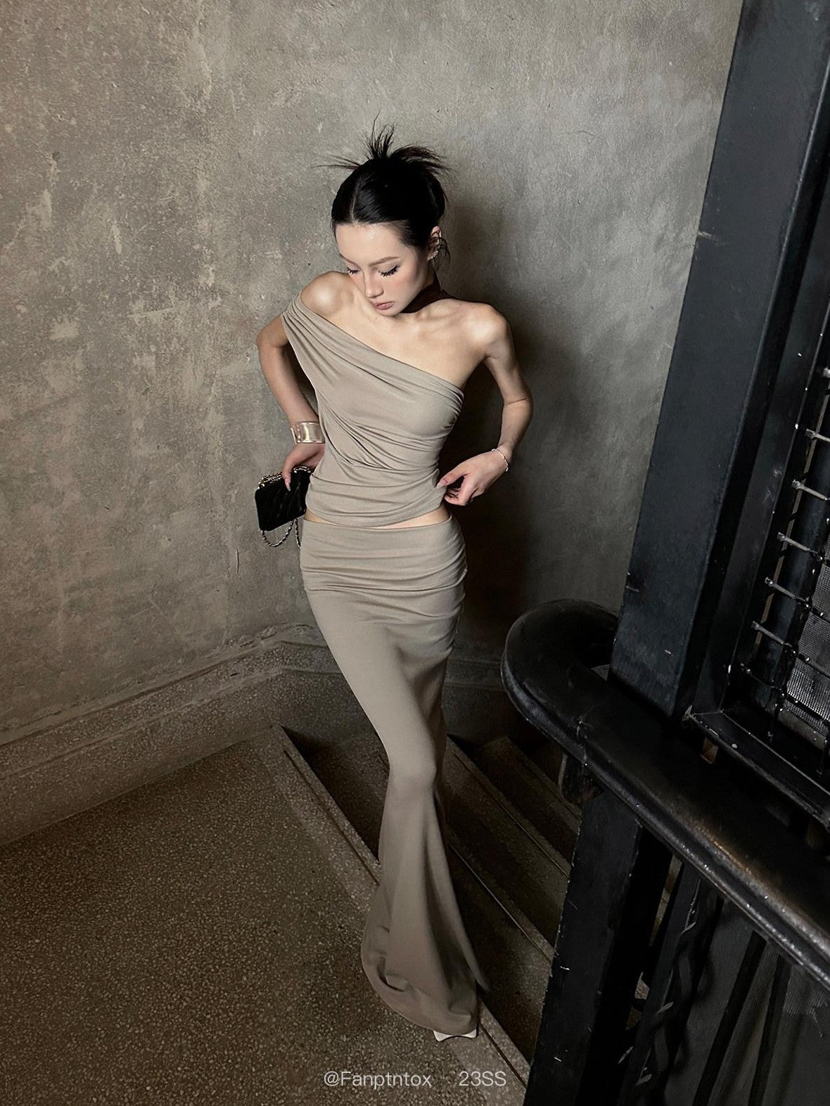 Fanptntox Oatmeal One Shoulder Ruched Slim Fishtail Women's Cotton Matching Skirt Sets