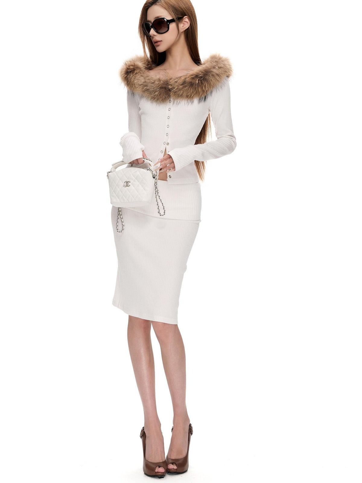 Fanptntox Off Shoulder Fuzzy Collar Knit Cardigan Slim Fit Women's Matching Skirt Sets