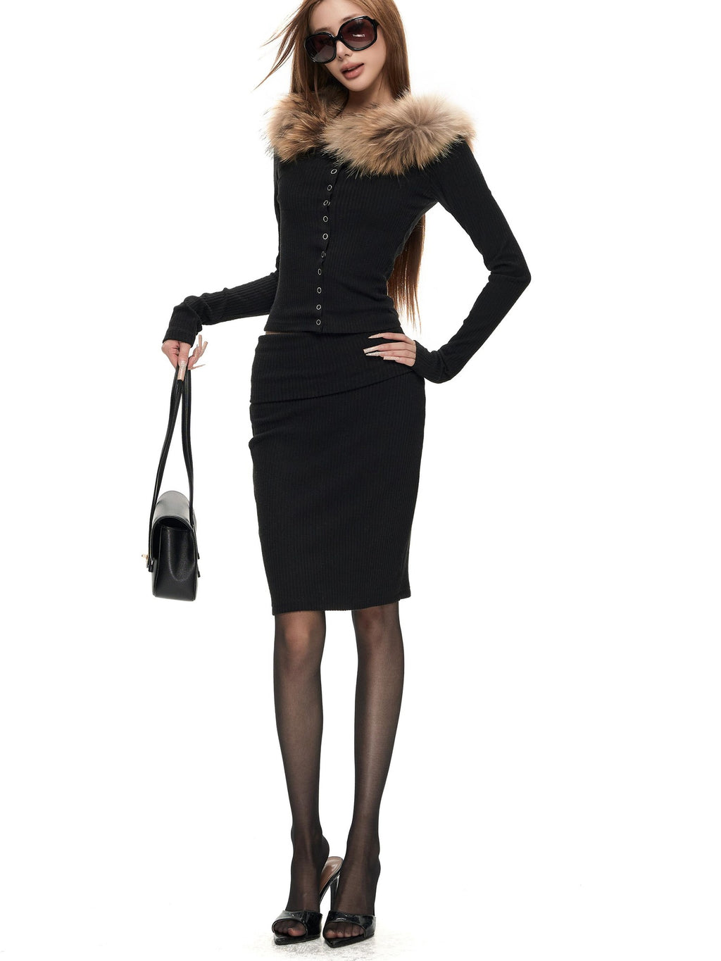 Fanptntox Off Shoulder Fuzzy Collar Knit Cardigan Slim Fit Women's Matching Skirt Sets