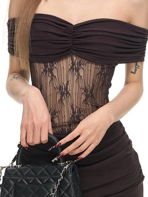 Fanptntox Off Shoulder Pleated Lace Spliced Women's Lyocell Tube Mini Dresses