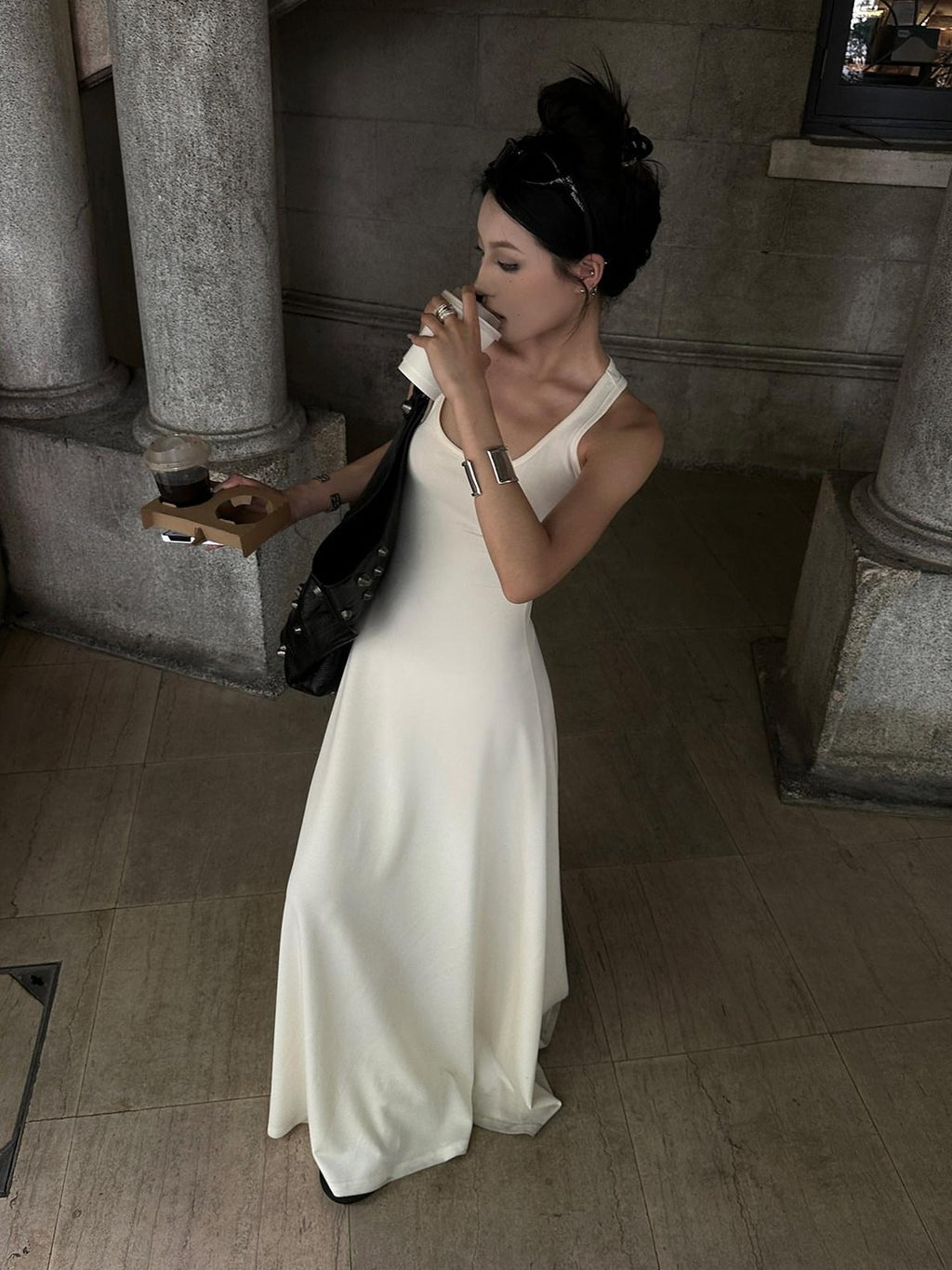 Fanptntox Off White Sleeveless Ribbon Flared High Waist U Neck Women's Casual Maxi Dresses