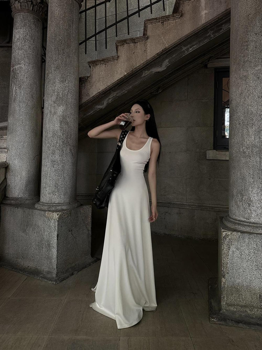 Fanptntox Off White Sleeveless Ribbon Flared High Waist U Neck Women's Casual Maxi Dresses