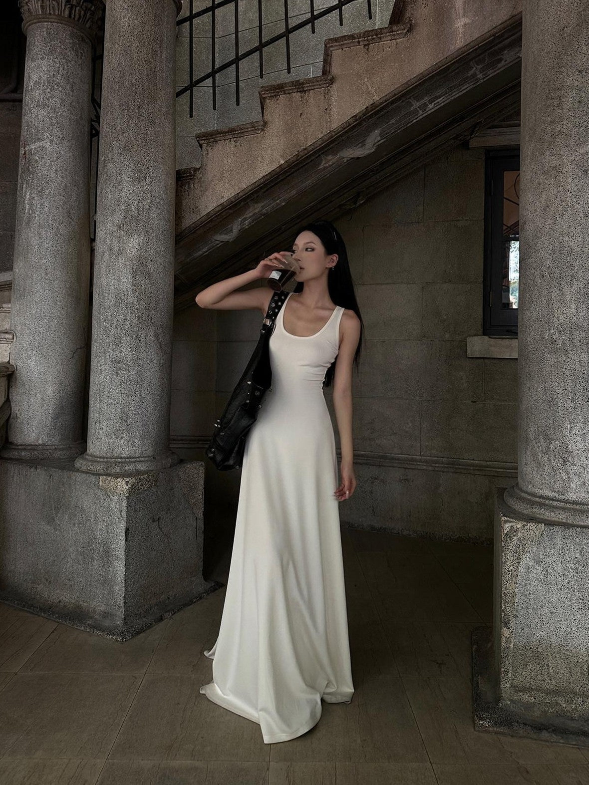 Fanptntox Off White Sleeveless Ribbon Flared High Waist U Neck Women's Casual Maxi Dresses