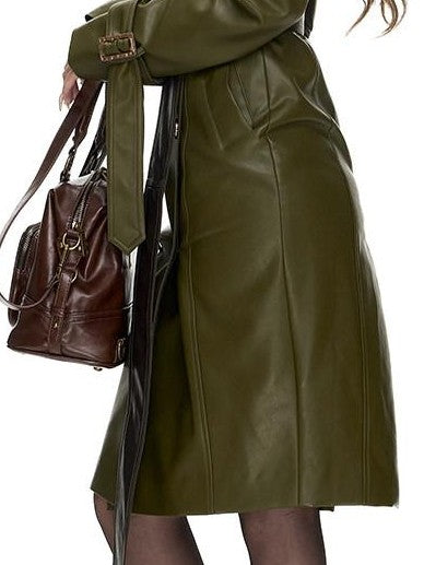 Fanptntox Olive Panel Gold Button Hip Hugging Fitted Women's Pu Trench Coats
