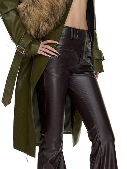 Fanptntox Olive Panel Gold Button Hip Hugging Fitted Women's Pu Trench Coats