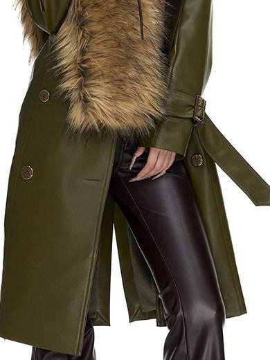Fanptntox Olive Panel Gold Button Hip Hugging Fitted Women's Pu Trench Coats
