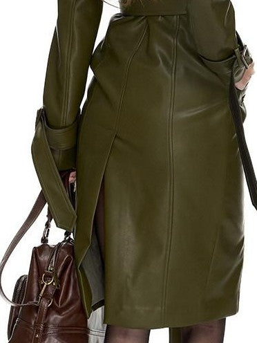 Fanptntox Olive Panel Gold Button Hip Hugging Fitted Women's Pu Trench Coats