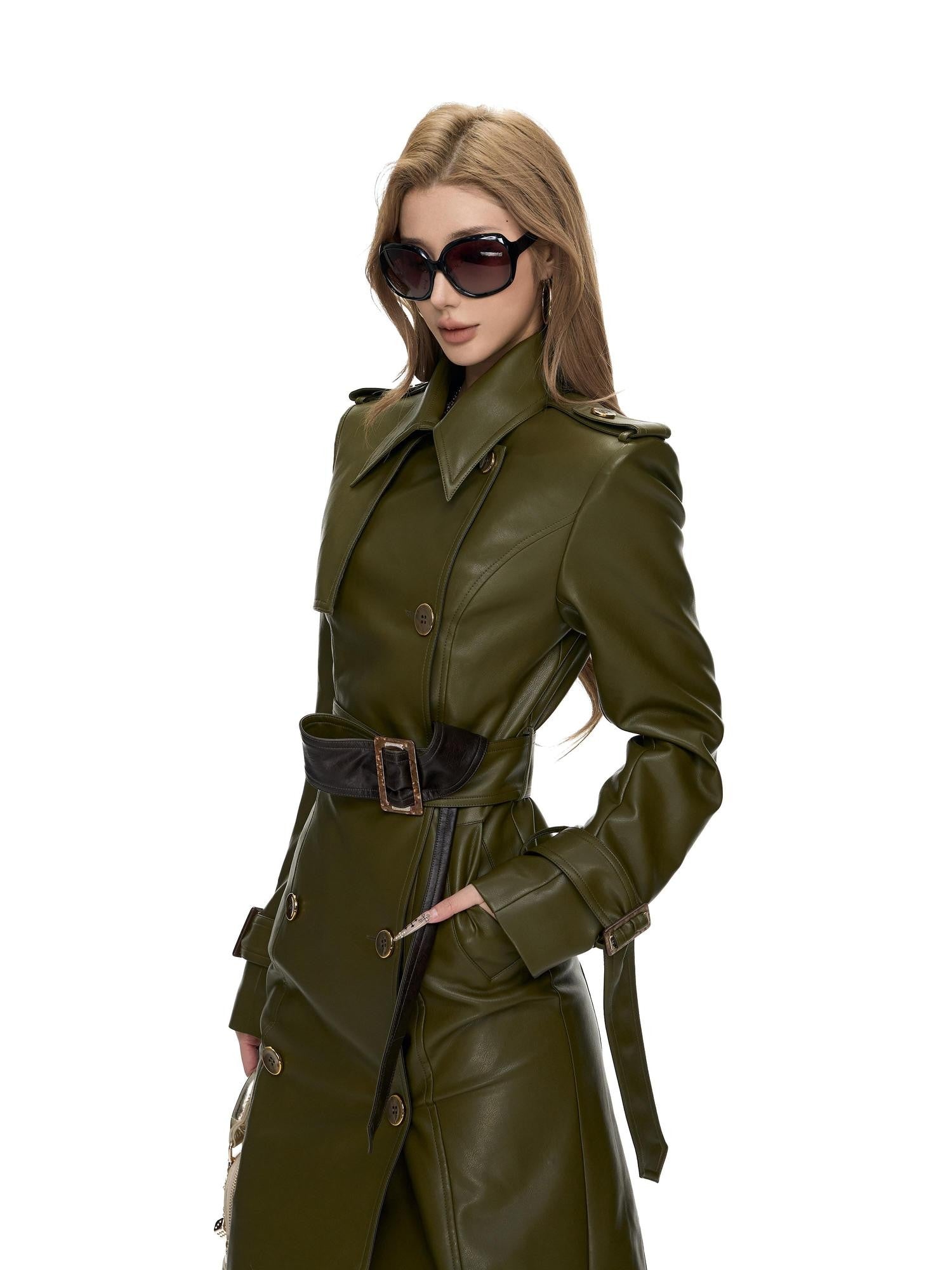 Fanptntox Olive Panel Gold Button Hip Hugging Fitted Women's Pu Trench Coats