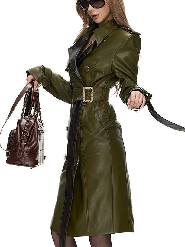 Fanptntox Olive Panel Gold Button Hip Hugging Fitted Women's Pu Trench Coats