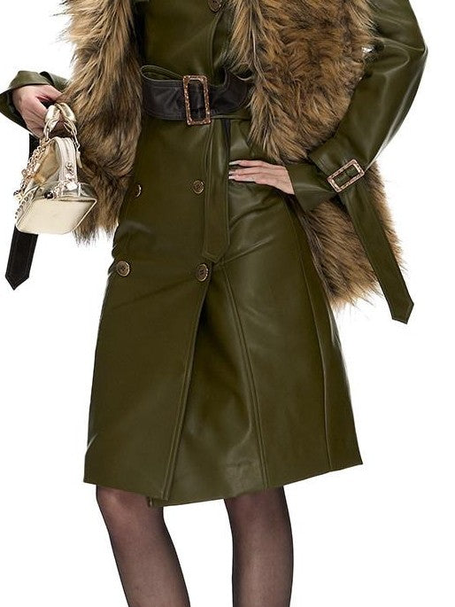 Fanptntox Olive Panel Gold Button Hip Hugging Fitted Women's Pu Trench Coats