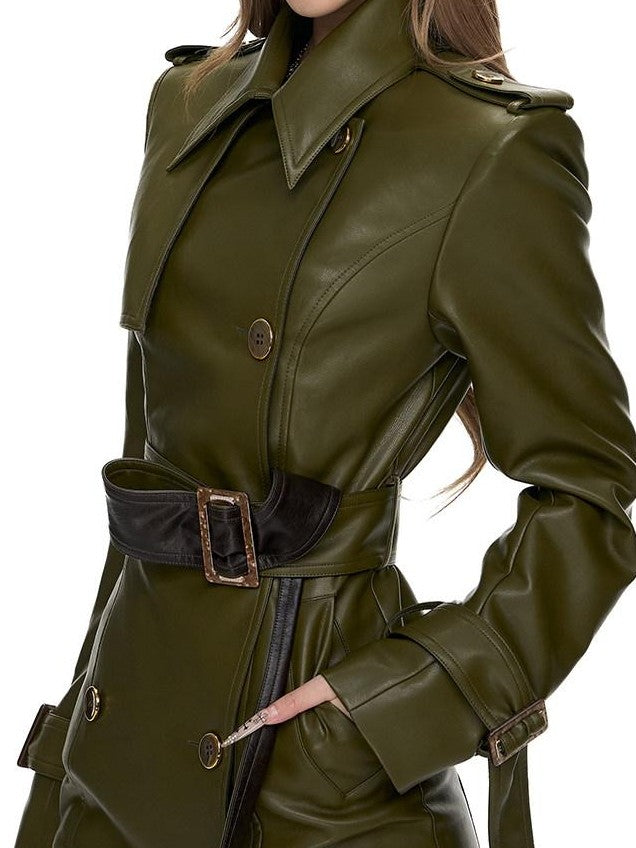 Fanptntox Olive Panel Gold Button Hip Hugging Fitted Women's Pu Trench Coats