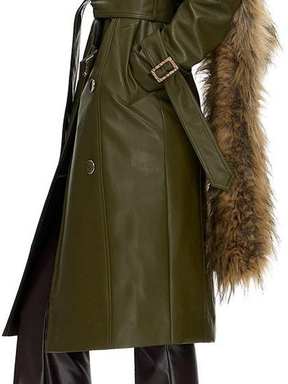 Fanptntox Olive Panel Gold Button Hip Hugging Fitted Women's Pu Trench Coats