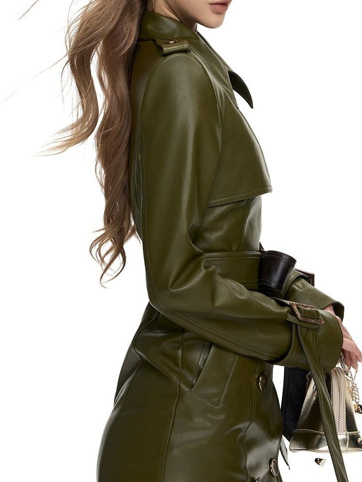 Fanptntox Olive Panel Gold Button Hip Hugging Fitted Women's Pu Trench Coats