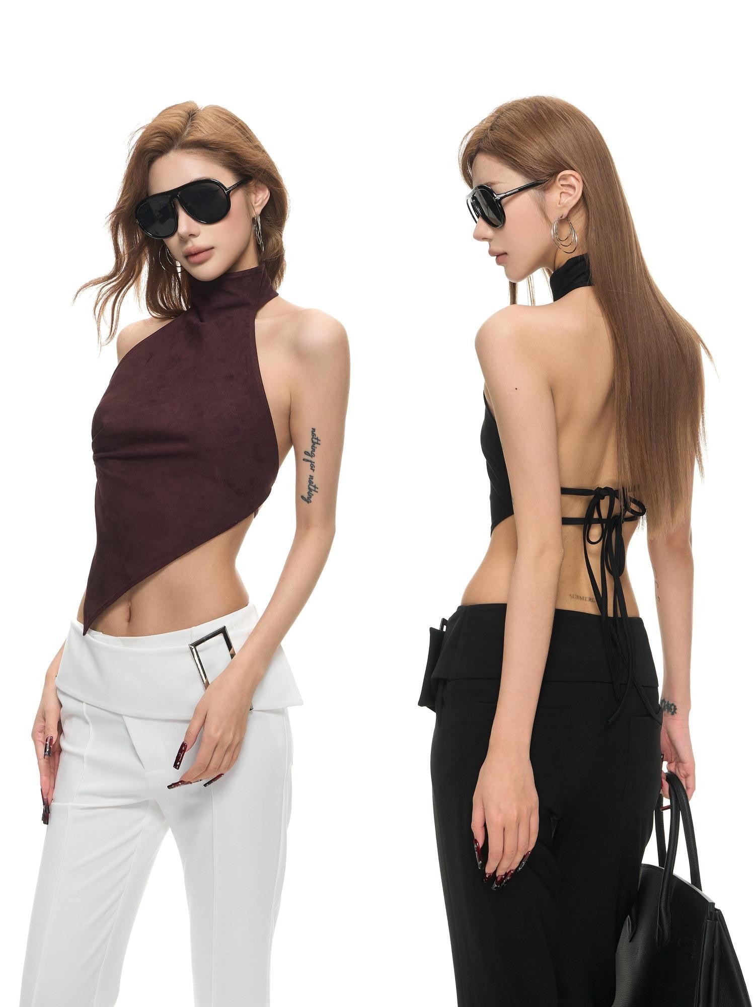 Fanptntox Open Back Tie Front High Neck Fitted Women's Suede Velvet Halter Tops
